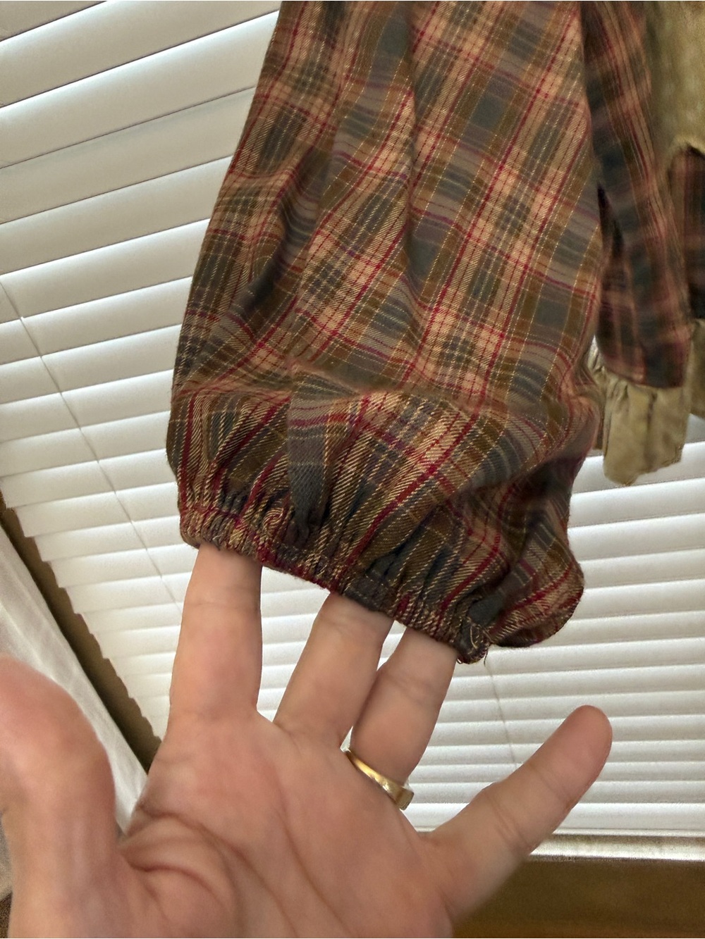 easel Plaid Button-Down Top with Floral Appliqué in Brown and Olive - Picture 3 of 9